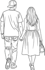 Young couple walking hand in hand from behind, casual street style, romantic stroll, love connection, urban lifestyle — ideal vector illustration for dating, relationships, fashion, and modern 