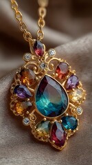 An ornate gold necklace adorned with multiple colorful gemstones sparkles brilliantly, catching the light with elegance and sophistication against a soft fabric backdrop.
