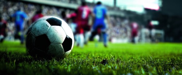 The soccer ball resting on the green field during an exciting match.