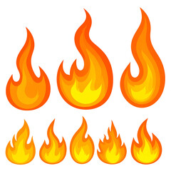 Nine cartoonish flames rendered in orange and yellow, against a black background