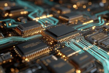 Obraz premium This scene reveals a detailed electronic circuit board filled with microchips and glowing connections. The complex design highlights technologys sophistication and innovation.