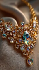 A glamorous gold necklace adorned with iridescent crystals and ornate filigree rests elegantly on a shimme satin background, exuding luxury and sophistication.