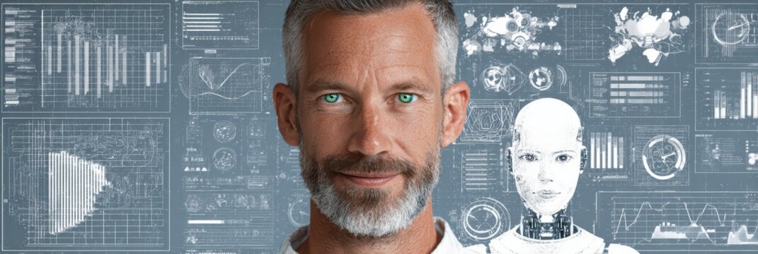 A 40 year old man with short white beard and green eyes smiles lightly while standing before complex charts and data visualizations. A robot figure is seen behind him.