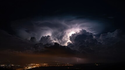Intense lightning bolt piercing dark stormy sky at dusk or night - dramatic thunderstorm, severe weather event, natural electrical phenomenon, ominous clouds, powerful nature, atmospheric background

