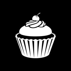 Minimalist white cupcake silhouette with cherry on top against a black background.
