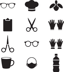 Fototapeta premium Barber and Chef Icon Set - Tools Icon Collection – Scissors, Glasses, Gloves, and Bottle