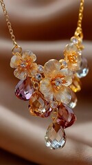 An exquisite gold necklace featu delicate flower designs adorned with sparkling crystals and multifaceted gemstones showcased against a smooth, draped fabric backdrop.