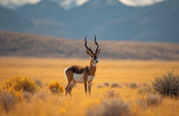 Obraz premium Pronghorn gazelle stands in sunlit golden field with sagebrush and distant mountains. Animal grazes in wild prairie during autumn sunset light, North American wildlife.