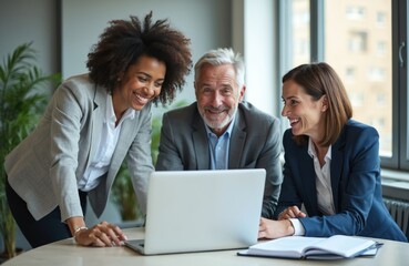 Team of three diverse business professionals collaborate enthusiastically around laptop discussing financial project. Share smiles, engaged conversation in modern office setting, showing teamwork,