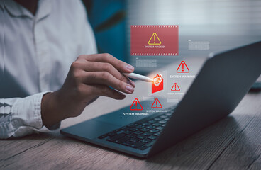 Close-up of businessman using pen pointing on laptop inbox e-mail system warning hacking alert icons, concept cybersecurity risk, software error malware attack, data breach, and online safety threats
