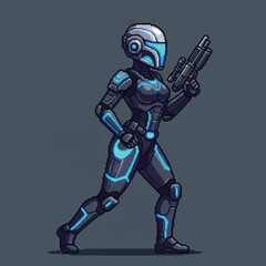 Pixel art illustration of a futuristic female soldier in advanced armor, holding a weapon.