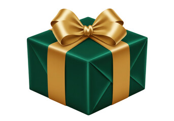 Elegant emerald green gift box with golden ribbon and bow isolated, present for Christmas, birthday or other celebration PNG