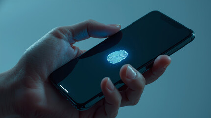 A close-up of a hand holding a smartphone with a glowing biometric fingerprint scanner.