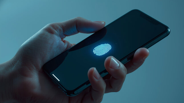 A close-up of a hand holding a smartphone with a glowing biometric fingerprint scanner.