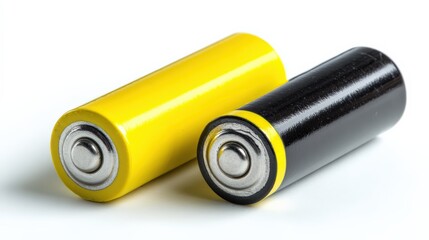 Close up view of yellow and black rechargeable batteries isolated on white background
