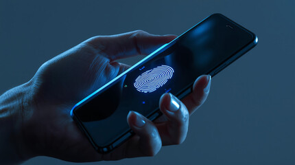 A close-up of a hand holding a smartphone with a glowing biometric fingerprint scanner.