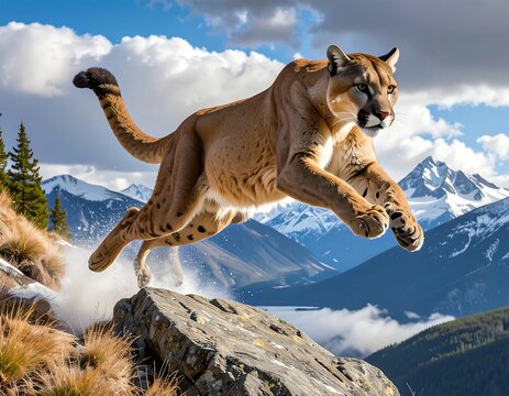Majestic cougar leaps across mountain rocks with snow
