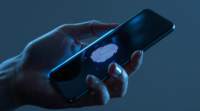 A close-up of a hand holding a smartphone with a glowing biometric fingerprint scanner.