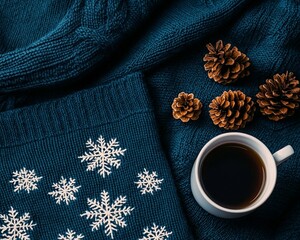 cozy modern everyday lifestyle - Cozy Winter Scene with Sweater, Pine Cones, and Coffee Mug high quality commercial photography