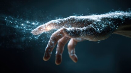 A human hand extends gently toward a translucent AI hand made of glowing code, with energy connecting their fingertips in a digital matrix setting.