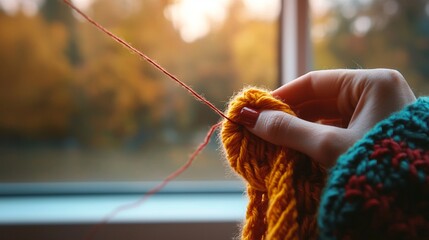 modern creative concept image - Close-Up of Hands Knitting with Vibrant Wool by a Sunlit Window high quality commercial photography