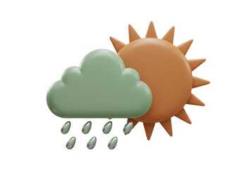 Weather forecast icon PNG isolated, 3D rendering of sun and cloud with rain drops for meteorology and climate concepts