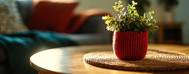 modern creative concept image - Cozy Indoor Plant in Red Knitted Pot Cover on Sunlit Table high quality commercial photography