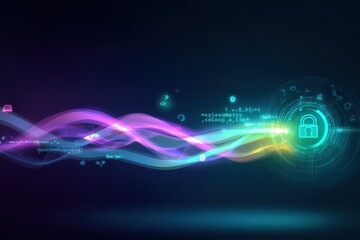 Vibrant waves of color illustrate the concept of digital data encryption. Symbols and locks appear, emphasizing cybersecurity in a modern technological setting.