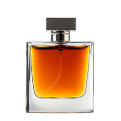 Elegant square perfume bottle with rich amber liquid isolated on white