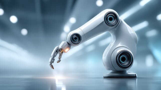 A sleek, minimalistic robotic arm is positioned on the right side, extending gracefully toward the center.