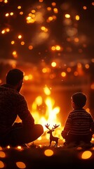 modern creative concept image - Father and Son Enjoying Campfire under a Starry Sky with Warm Bokeh Lights high quality commercial photography