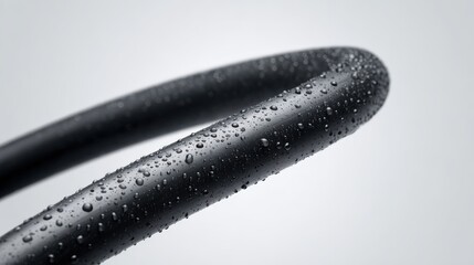 Close up of a black rubber object with water droplets on a light background