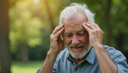 Older man experiencing headache holding temples with fingers. Grey haired male face shows discomfort. Person suffers head pain needs treatment. Healthcare medicine concept.