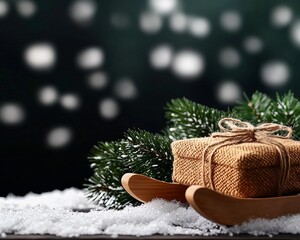 modern creative concept image - Festive Holiday Gift on Wooden Sleigh with Snow and Pine Branches high quality commercial photography