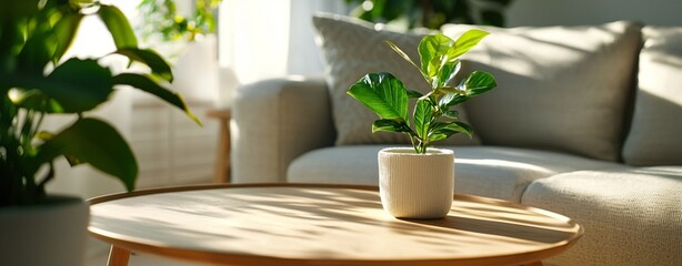 modern creative concept image - Cozy Living Room with Potted Plant on Wooden Coffee Table high quality commercial photography