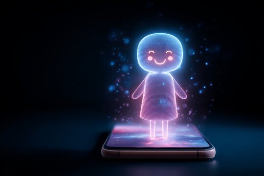 Holographic personal assistant projected from a smartphone, symbolizing AI technology.