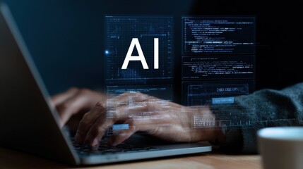 Hands typing on a laptop display AI code and data visualizations against a dark blue backdrop, showcasing advanced programming in artificial intelligence.