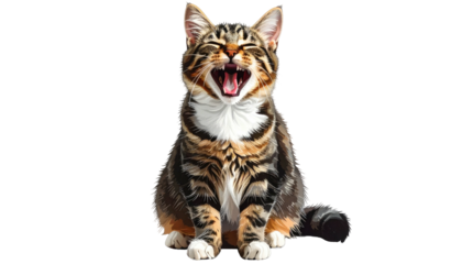 Funny tabby cat sitting with mouth wide open yawning or meowing loudly.