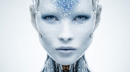 A woman is portrayed with sleek metallic features and glowing circuits on her skin. The minimalistic design presents a high-tech aesthetic with vibrant blues and silvers.