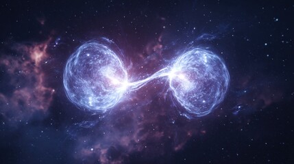 Fototapeta premium Two particles are dynamically linked by an infinity symbol amidst a backdrop of stars and nebulae. This scene evokes wonder about their mysterious connection.