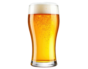 A tall clear glass filled with cold golden beer and foam.
