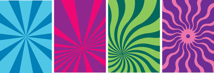 Collection of vibrant groovy poster templates. A set of colorful retro 60s psychedelic backgrounds with bold sunburst and wavy swirl patterns for event flyers.