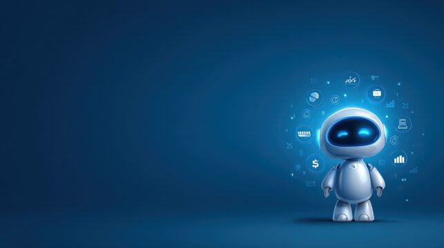 Clean and professional design featuring a 3D AI robot surrounded by minimalistic blue icons. The layout highlights themes of people management and task automation.