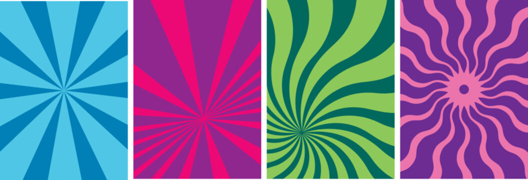 Collection of vibrant groovy poster templates. A set of colorful retro 60s psychedelic backgrounds with bold sunburst and wavy swirl patterns for event flyers.