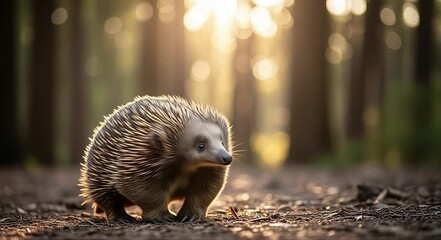 Echidna foraging for ants in golden forest light, creating a captivating wildlife moment, perfect for nature documentaries and environmental awareness