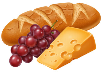 Delicious bread loaf with cheese and grapes isolated PNG, gourmet food still life for culinary designs and healthy eating concepts