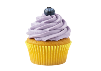 Delicious cupcake with purple frosting and blueberry isolated on transparent background, sweet dessert for party and celebration