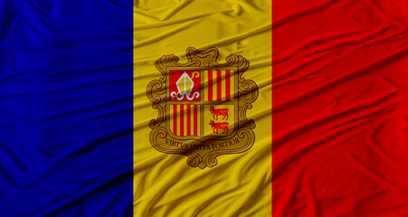 Andorran flag waving. Flag of Andorra with cloth texture