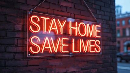Red neon sign stay home save lives glowing on brick wall during pandemic awareness message
