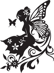 fairy silhouette vector in black and white, featuring a graceful fairy with wings in a magical pose.